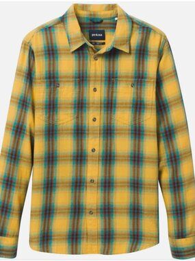Prana Dolberg Flannel Shirt Long Sleeve Button Up Multicolor Medium Yellow Teal
